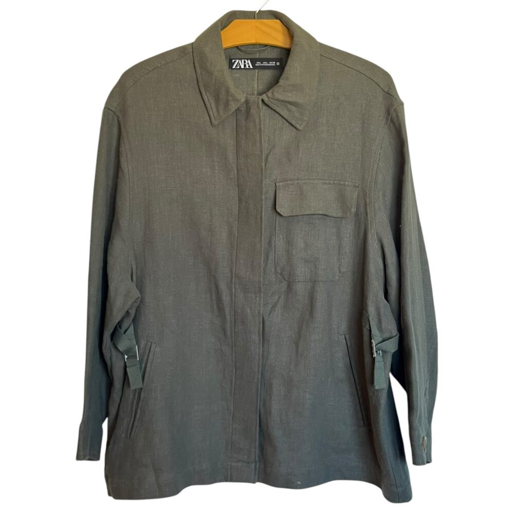 Zara Oversized Adjustable Shirt Jacket Boxy Lagenlook Green Coat Textured Size L